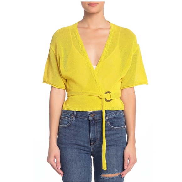 FREE PEOPLE Hello Yellow Tie Waist Knitted Cropped Textured Cardigan XS - Picture 3 of 13